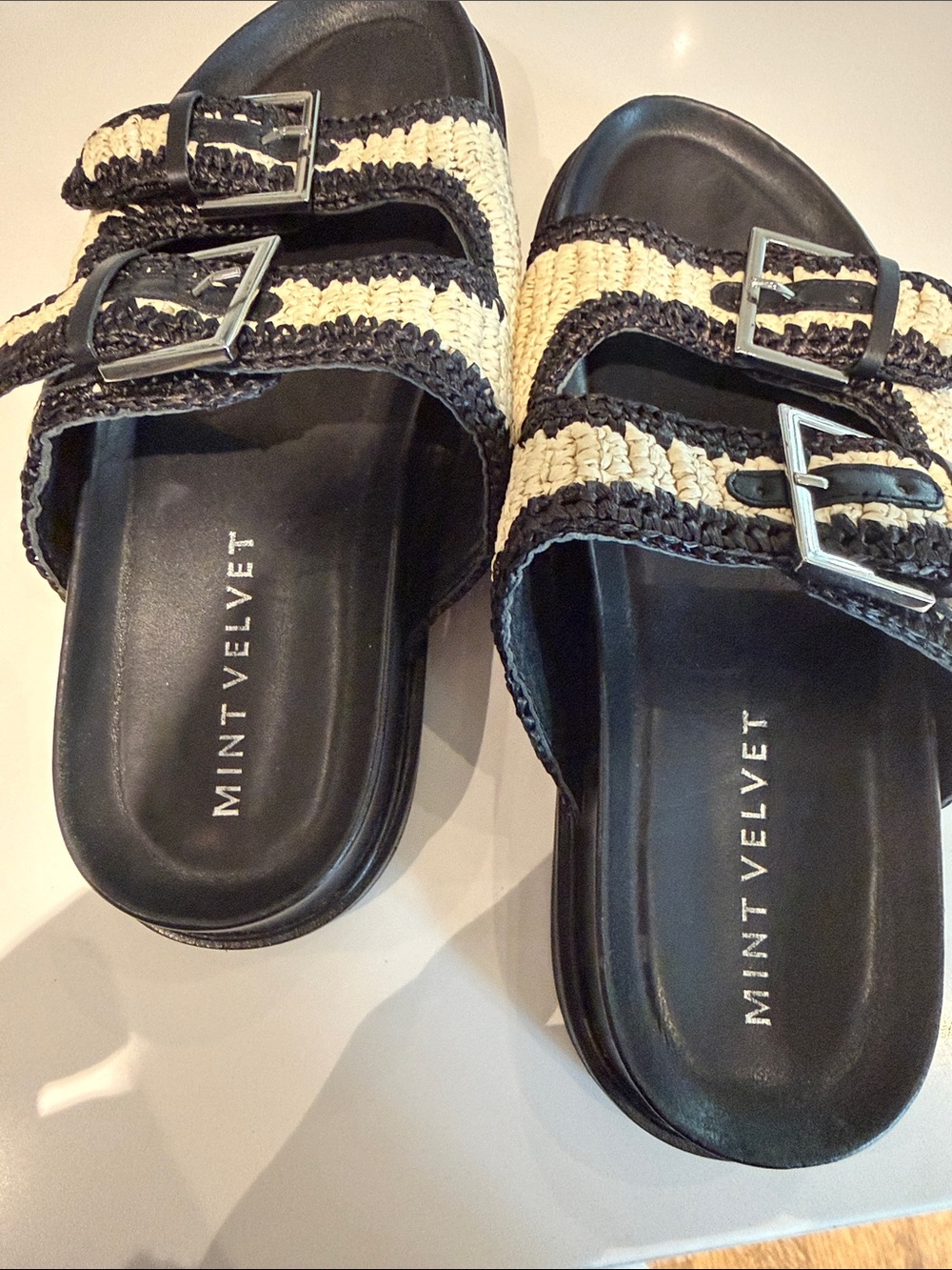 MINT VELVET Black and Cream Striped Buckle Slide Sandals